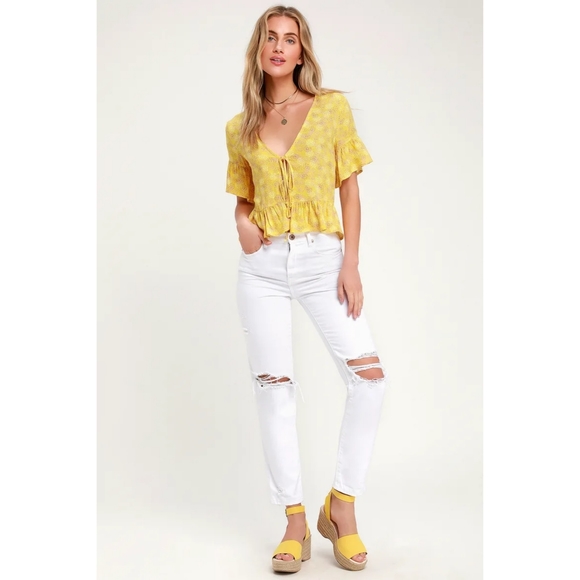 Lulus Breah Floral Print Tie Front Top Yellow Small - Picture 3 of 8
